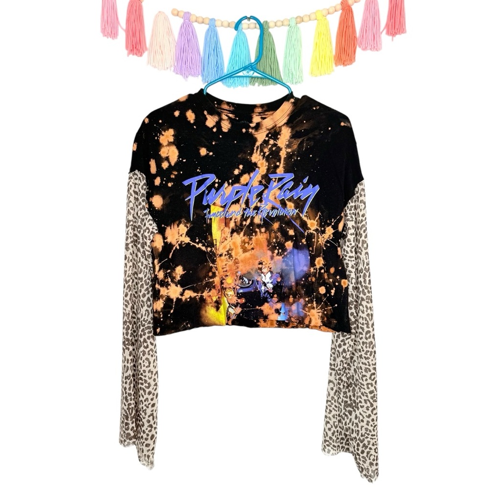Up cycled Purple Rain Prince Bleach Dye Long Sleeve Top with Leopard Print